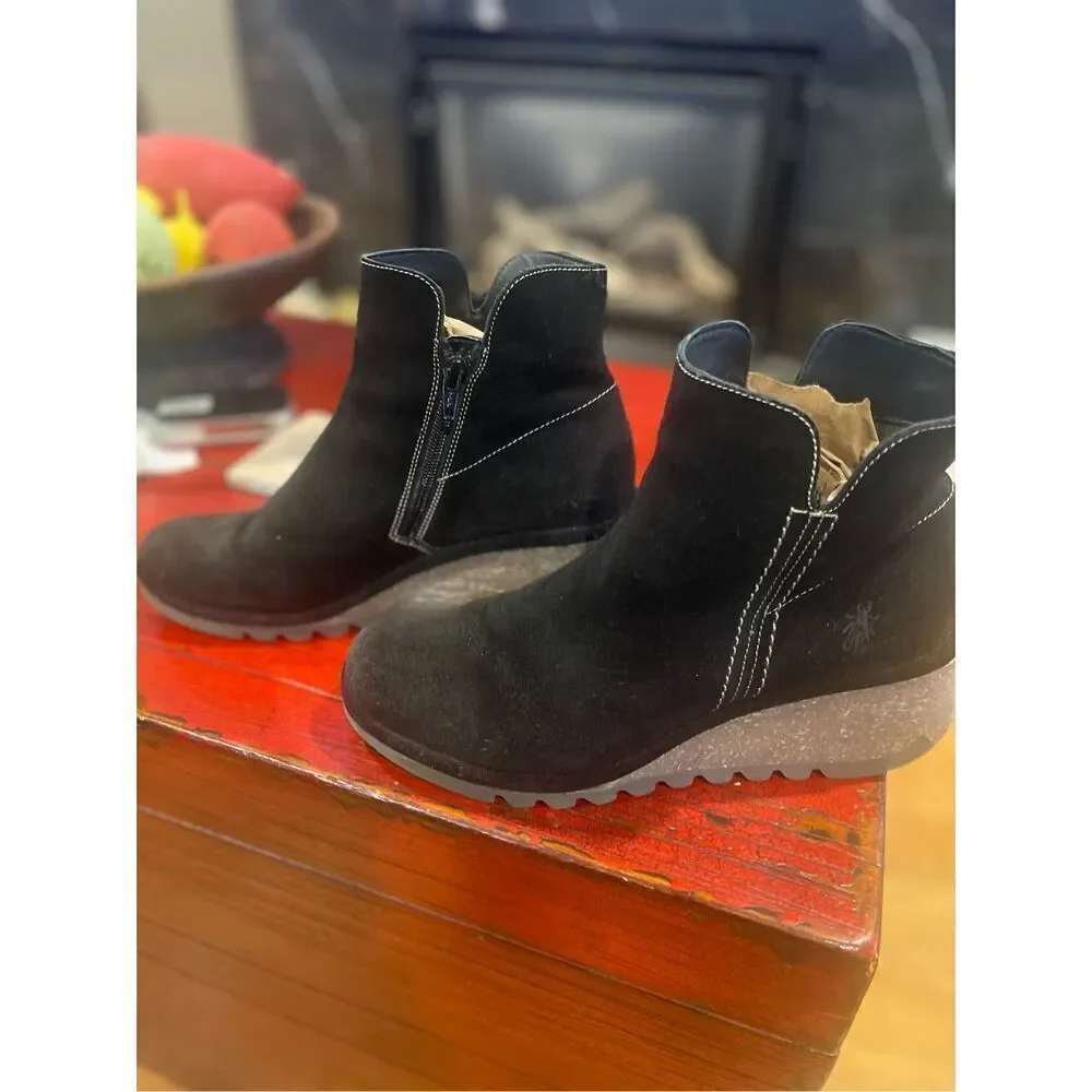 FLY London - Suede Ankle Boots Wedge Heel Bootie with Zipper - Nilo - Black. SIZ - Picture 8 of 10